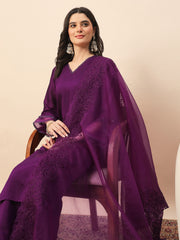 Women's Purple Embroidered Kurta Pant Set with Organza Dupatta | Festive & Party Wear Ethnic Suit