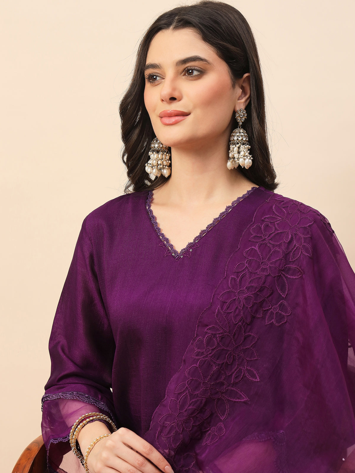 Women's Purple Embroidered Kurta Pant Set with Organza Dupatta | Festive & Party Wear Ethnic Suit