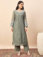 Elegant Olive Green Silk Blend Kurta Set with Embroidered Neckline & Palazzo Pants