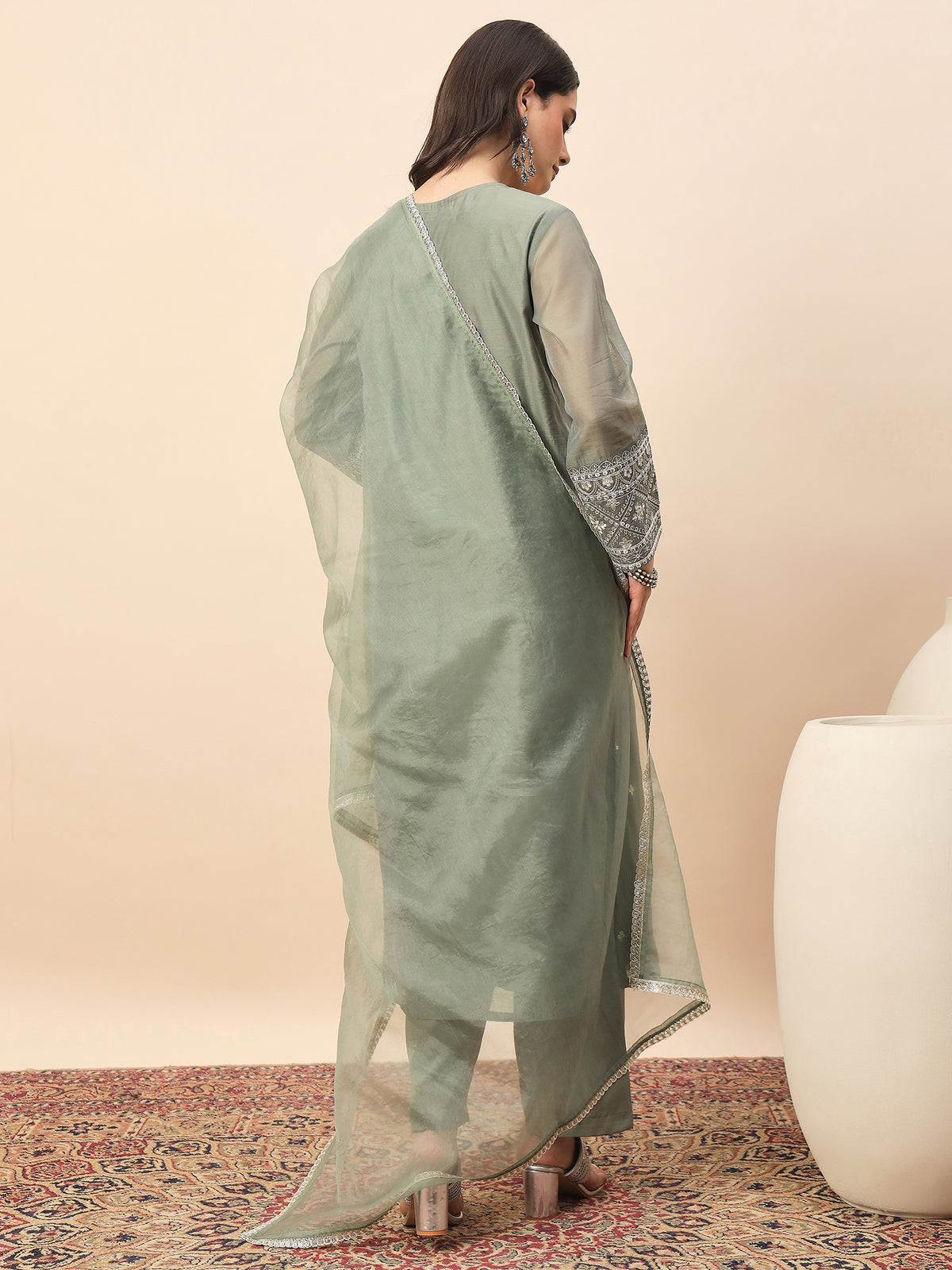 Elegant Olive Green Silk Blend Kurta Set with Embroidered Neckline & Palazzo Pants