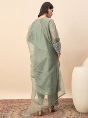 Elegant Olive Green Silk Blend Kurta Set with Embroidered Neckline & Palazzo Pants