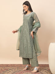 Elegant Olive Green Silk Blend Kurta Set with Embroidered Neckline & Palazzo Pants