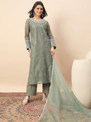 Elegant Olive Green Silk Blend Kurta Set with Embroidered Neckline & Palazzo Pants