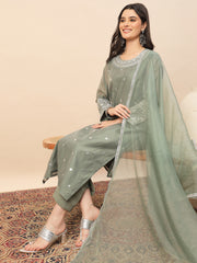 Elegant Olive Green Silk Blend Kurta Set with Embroidered Neckline & Palazzo Pants