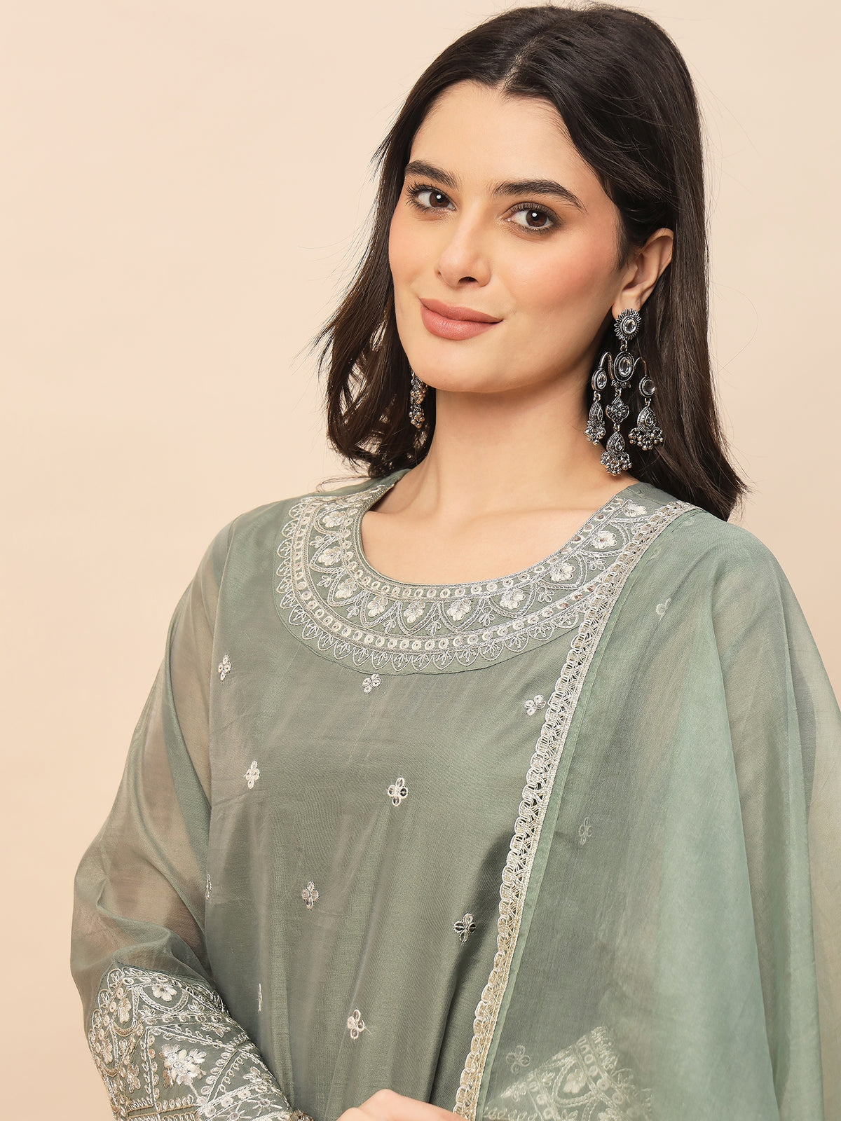 Elegant Olive Green Silk Blend Kurta Set with Embroidered Neckline & Palazzo Pants