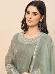 Elegant Olive Green Silk Blend Kurta Set with Embroidered Neckline & Palazzo Pants