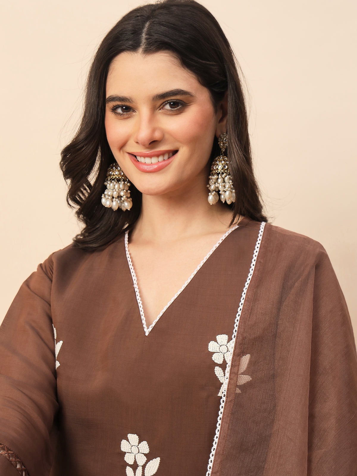 Women's Brown Floral Embroidered Kurta Pant Set with Organza Dupatta | Elegant Festive & Party Wear Ethnic Suit