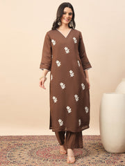 Women's Brown Floral Embroidered Kurta Pant Set with Organza Dupatta | Elegant Festive & Party Wear Ethnic Suit
