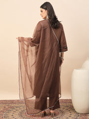 Women's Brown Floral Embroidered Kurta Pant Set with Organza Dupatta | Elegant Festive & Party Wear Ethnic Suit