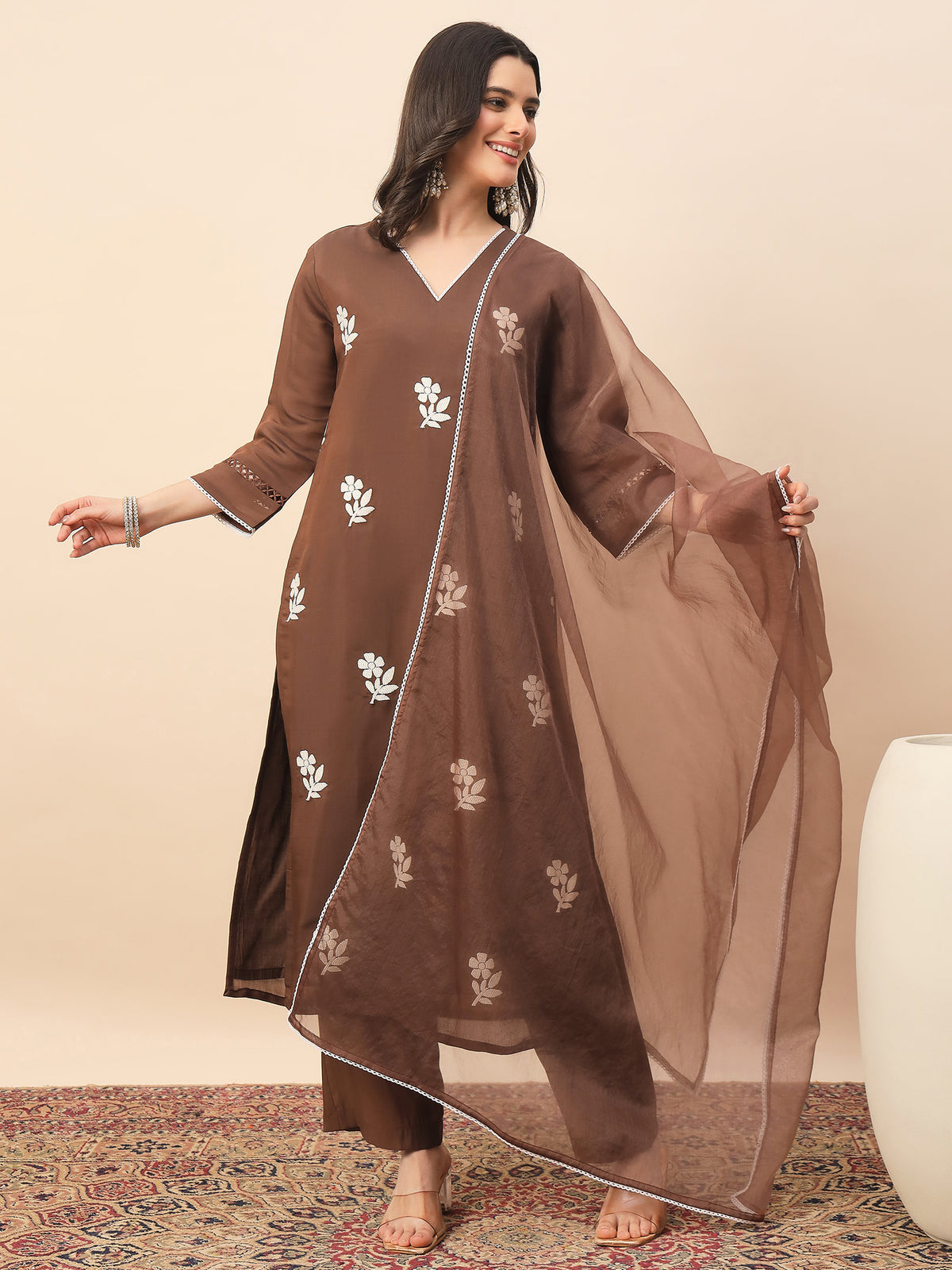 Women's Brown Floral Embroidered Kurta Pant Set with Organza Dupatta | Elegant Festive & Party Wear Ethnic Suit
