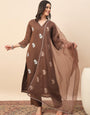 Women's Brown Floral Embroidered Kurta Pant Set with Organza Dupatta | Elegant Festive & Party Wear Ethnic Suit