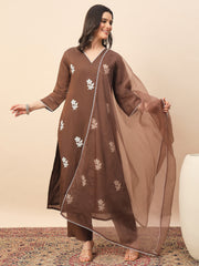 Women's Brown Floral Embroidered Kurta Pant Set with Organza Dupatta | Elegant Festive & Party Wear Ethnic Suit