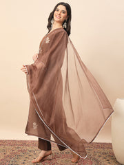 Women's Brown Floral Embroidered Kurta Pant Set with Organza Dupatta | Elegant Festive & Party Wear Ethnic Suit