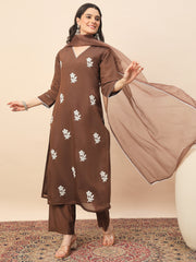 Women's Brown Floral Embroidered Kurta Pant Set with Organza Dupatta | Elegant Festive & Party Wear Ethnic Suit