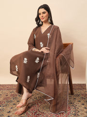 Women's Brown Floral Embroidered Kurta Pant Set with Organza Dupatta | Elegant Festive & Party Wear Ethnic Suit