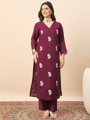 Women's Wine Floral Embroidered Kurta Pant Set with Organza Dupatta | Festive & Party Wear Ethnic Suit