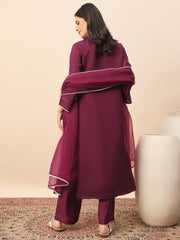 Women's Wine Floral Embroidered Kurta Pant Set with Organza Dupatta | Festive & Party Wear Ethnic Suit