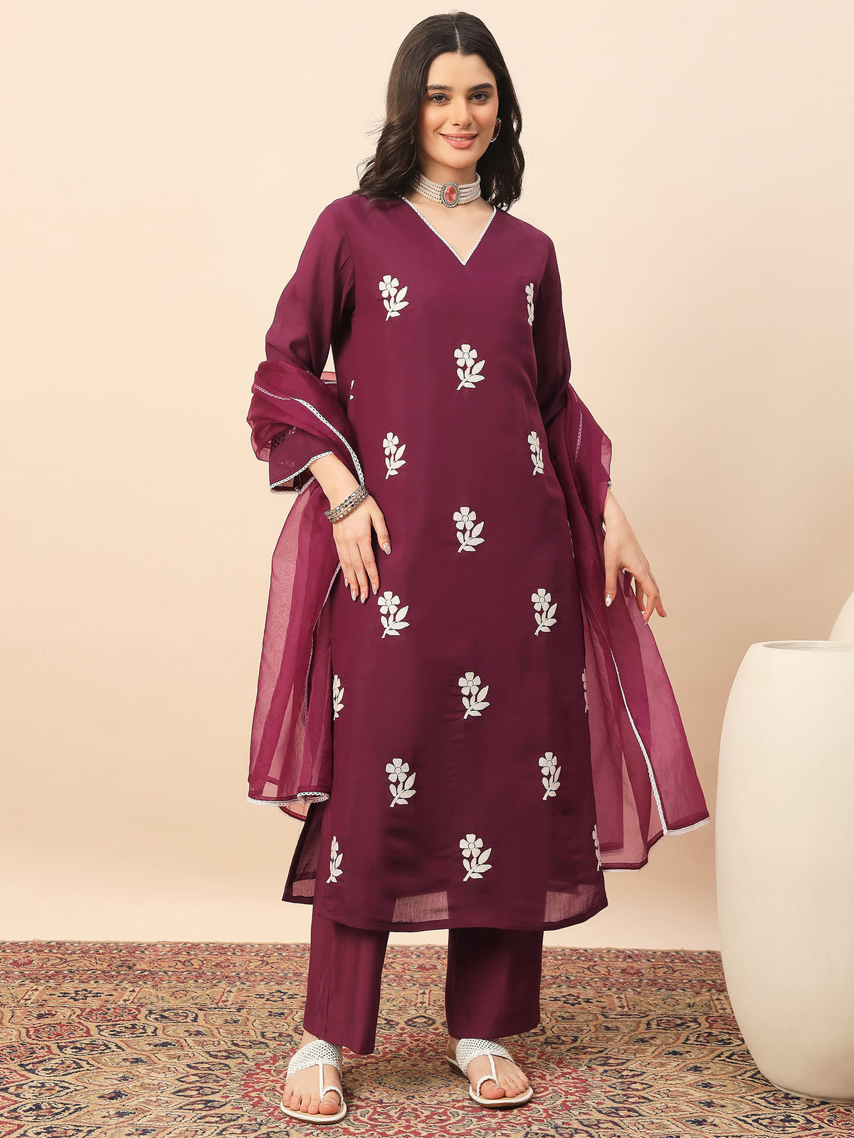 Women's Wine Floral Embroidered Kurta Pant Set with Organza Dupatta | Festive & Party Wear Ethnic Suit