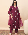 Women's Wine Floral Embroidered Kurta Pant Set with Organza Dupatta | Festive & Party Wear Ethnic Suit
