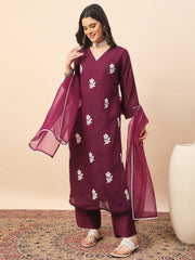 Women's Wine Floral Embroidered Kurta Pant Set with Organza Dupatta | Festive & Party Wear Ethnic Suit