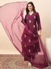 Women's Wine Floral Embroidered Kurta Pant Set with Organza Dupatta | Festive & Party Wear Ethnic Suit