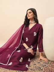 Women's Wine Floral Embroidered Kurta Pant Set with Organza Dupatta | Festive & Party Wear Ethnic Suit