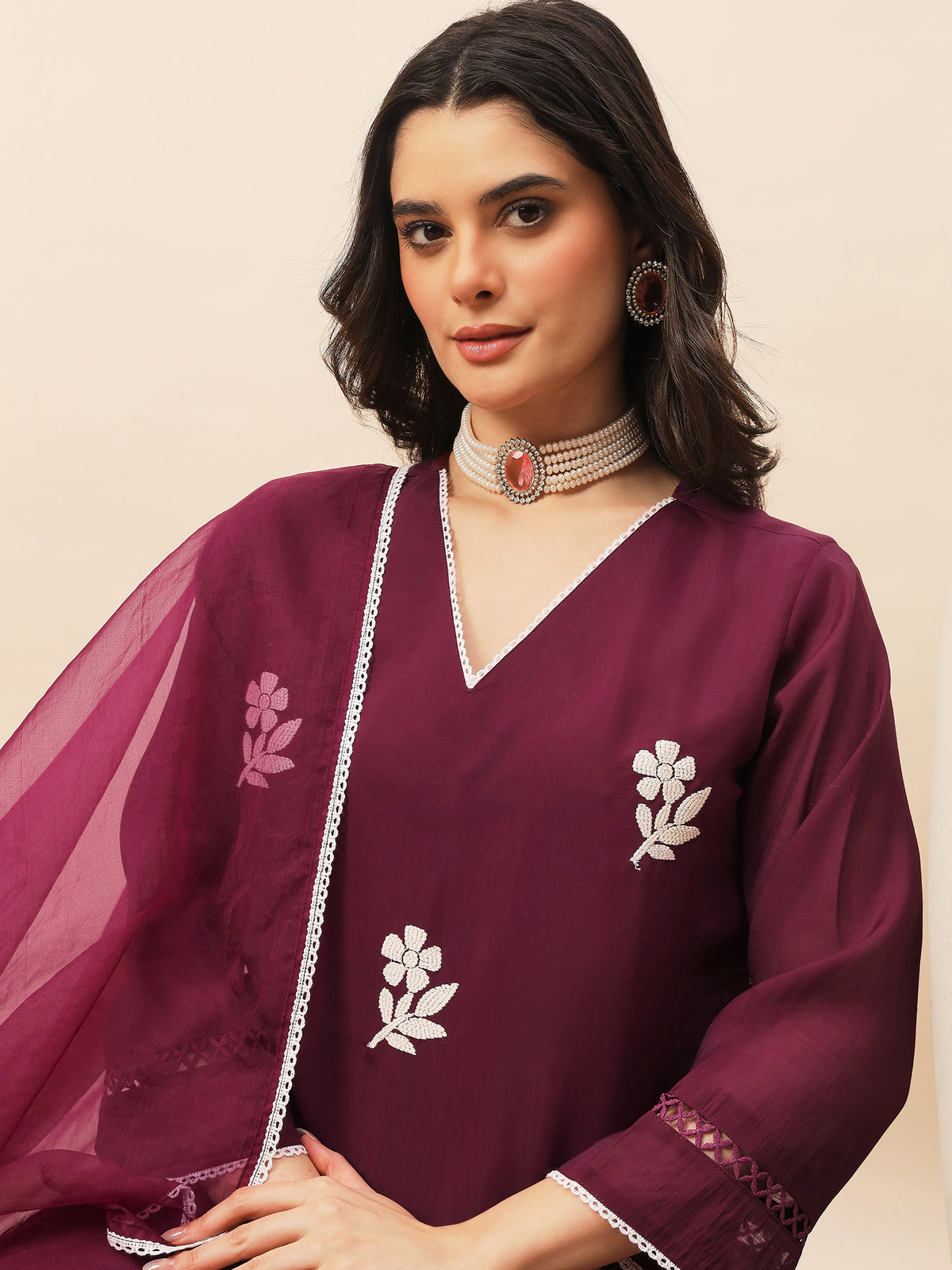 Women's Wine Floral Embroidered Kurta Pant Set with Organza Dupatta | Festive & Party Wear Ethnic Suit
