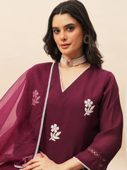 Women's Wine Floral Embroidered Kurta Pant Set with Organza Dupatta | Festive & Party Wear Ethnic Suit