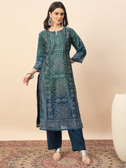 Women's Teal Green Printed Kurta Pant Set with Dupatta | Elegant Festive & Casual Ethnic Wear