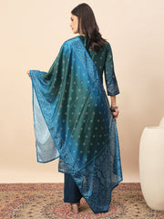 Women's Teal Green Printed Kurta Pant Set with Dupatta | Elegant Festive & Casual Ethnic Wear
