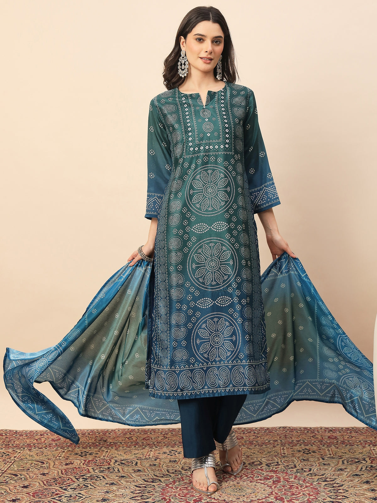 Women's Teal Green Printed Kurta Pant Set with Dupatta | Elegant Festive & Casual Ethnic Wear