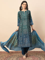 Women's Teal Green Printed Kurta Pant Set with Dupatta | Elegant Festive & Casual Ethnic Wear