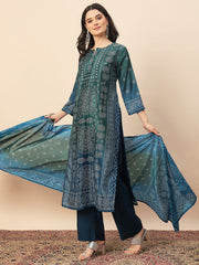 Women's Teal Green Printed Kurta Pant Set with Dupatta | Elegant Festive & Casual Ethnic Wear