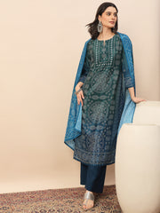 Women's Teal Green Printed Kurta Pant Set with Dupatta | Elegant Festive & Casual Ethnic Wear