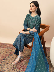 Women's Teal Green Printed Kurta Pant Set with Dupatta | Elegant Festive & Casual Ethnic Wear