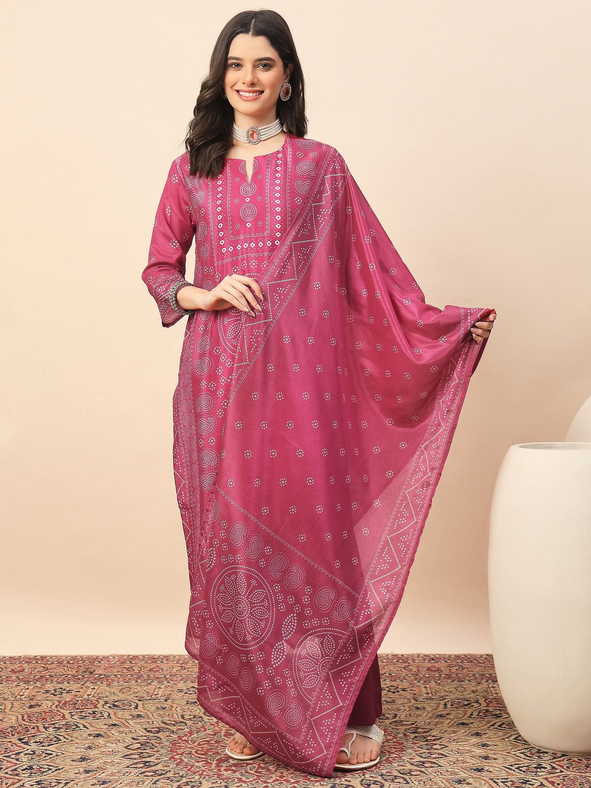 Pink Bandhani Printed Kurta Pant Set with Dupatta for Women