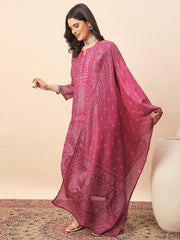 Pink Bandhani Printed Kurta Pant Set with Dupatta for Women