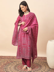 Pink Bandhani Printed Kurta Pant Set with Dupatta for Women