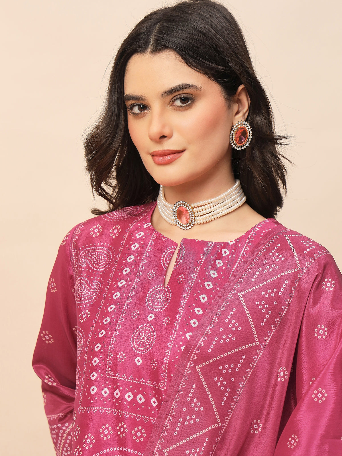 Pink Bandhani Printed Kurta Pant Set with Dupatta for Women