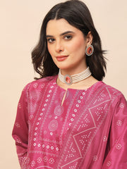 Pink Bandhani Printed Kurta Pant Set with Dupatta for Women