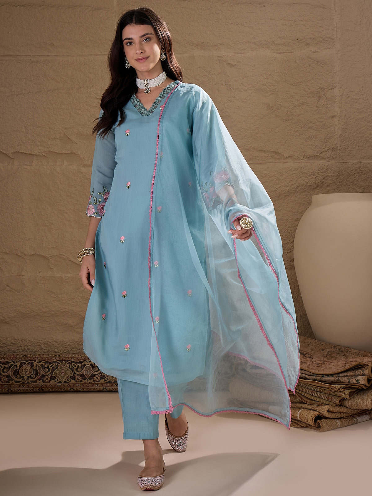 Sky Blue Embroidered Kurta Pant Set with Organza Dupatta for Women