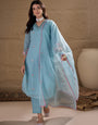 Sky Blue Embroidered Kurta Pant Set with Organza Dupatta for Women