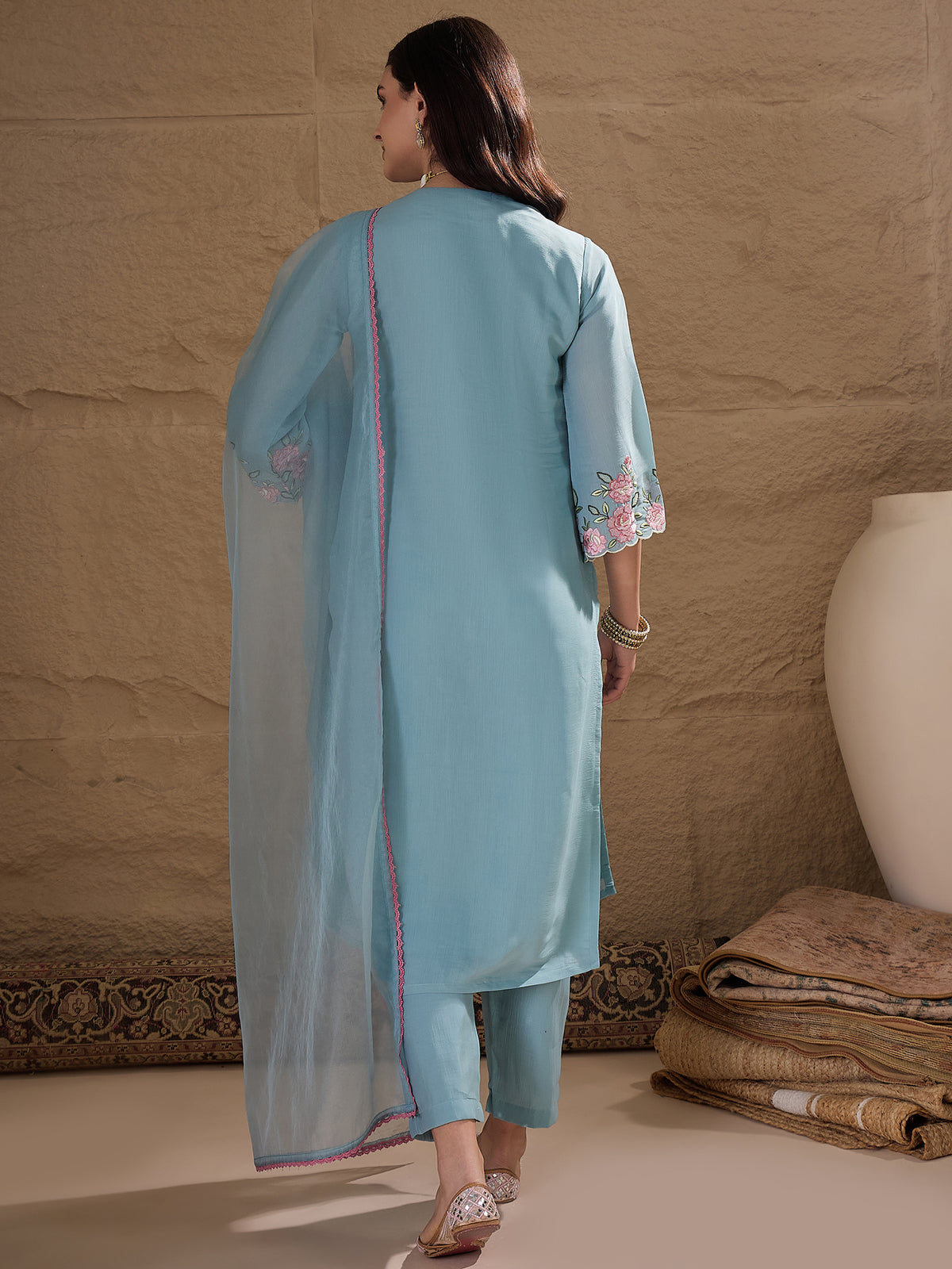 Sky Blue Embroidered Kurta Pant Set with Organza Dupatta for Women