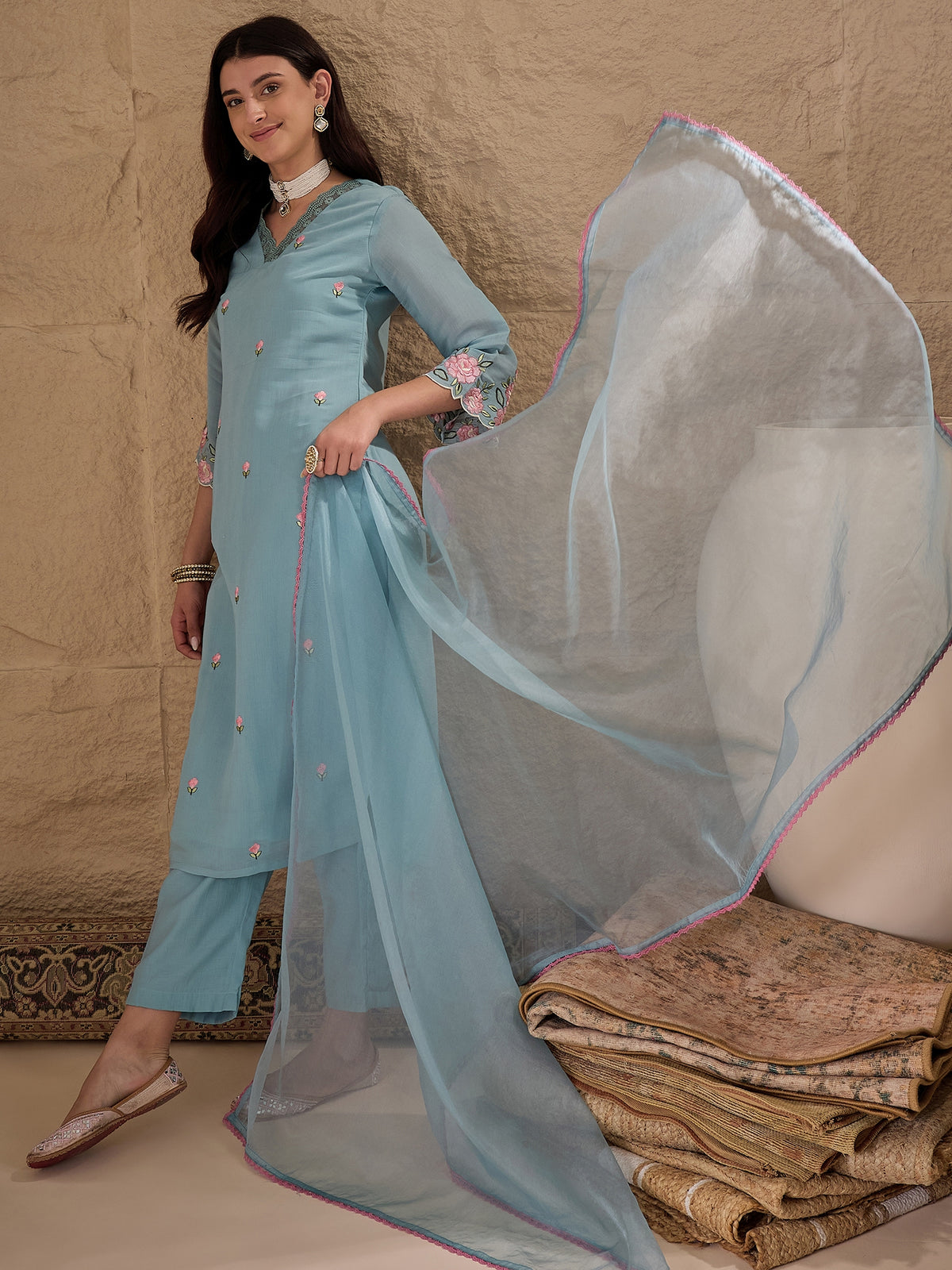 Sky Blue Embroidered Kurta Pant Set with Organza Dupatta for Women