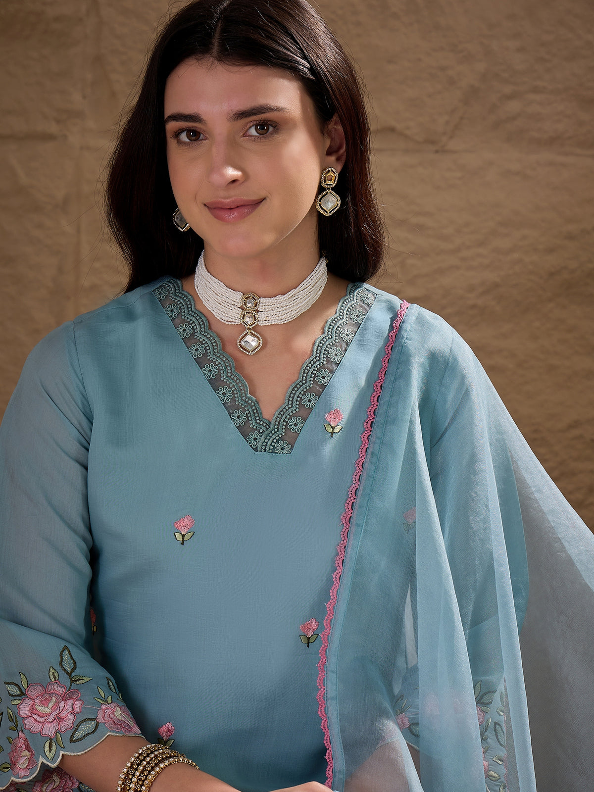 Sky Blue Embroidered Kurta Pant Set with Organza Dupatta for Women