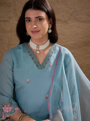 Sky Blue Embroidered Kurta Pant Set with Organza Dupatta for Women