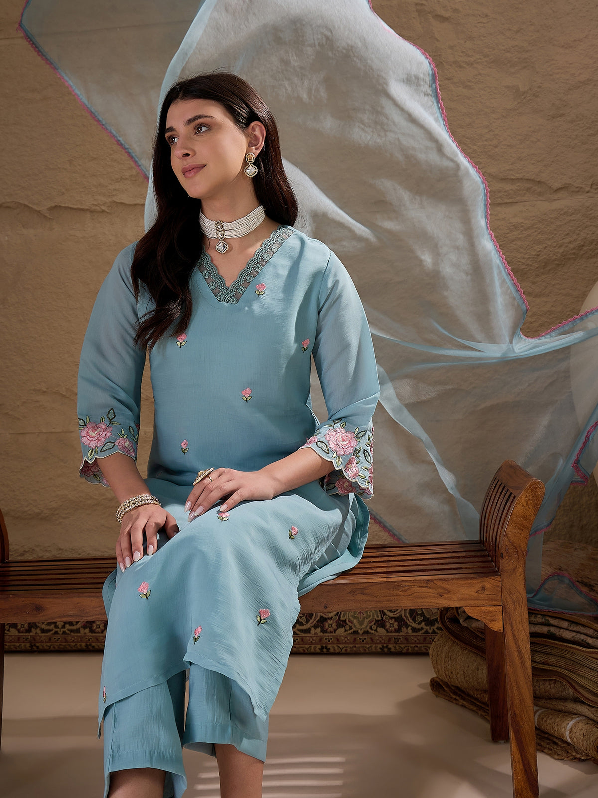 Sky Blue Embroidered Kurta Pant Set with Organza Dupatta for Women