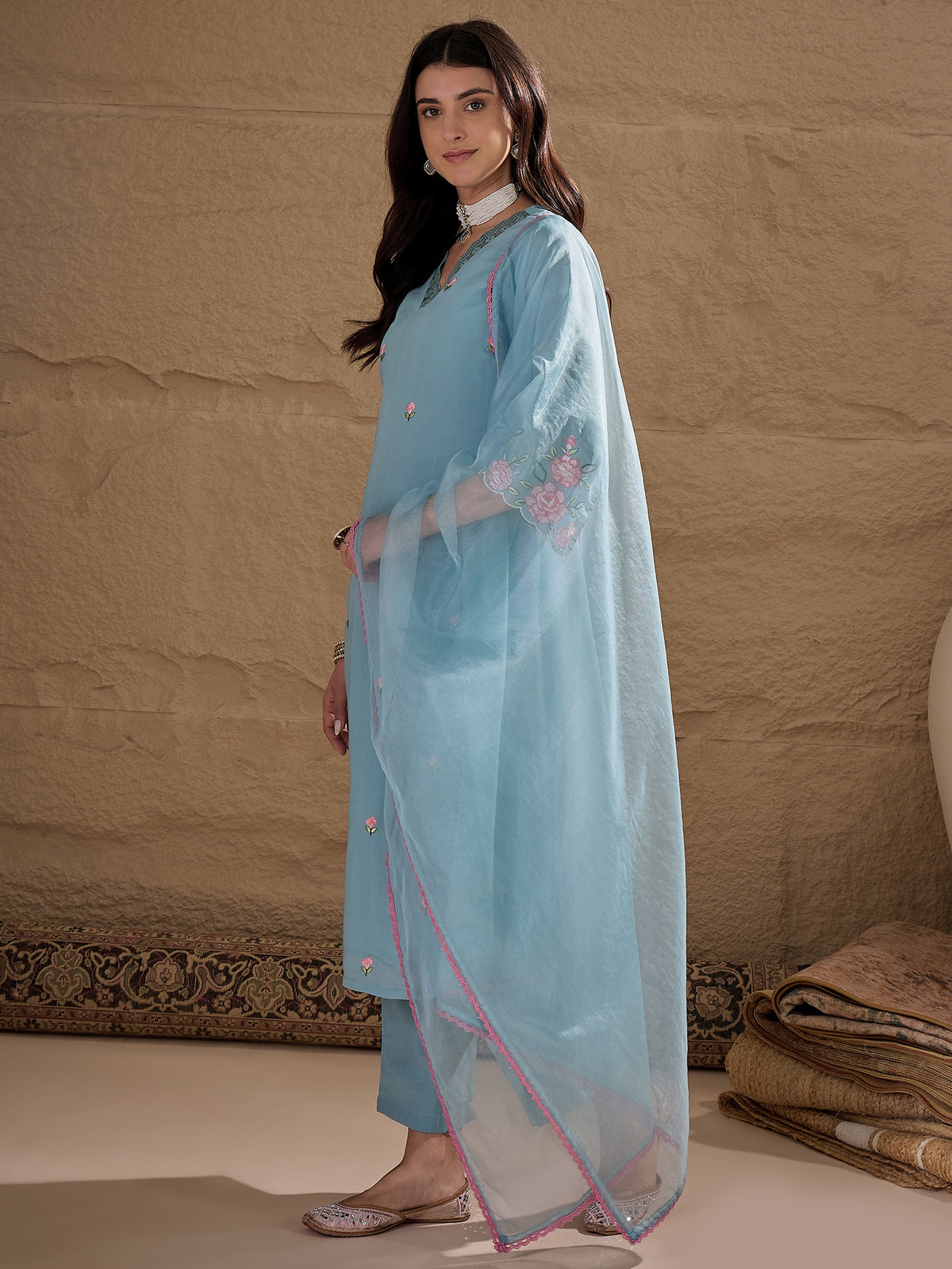 Sky Blue Embroidered Kurta Pant Set with Organza Dupatta for Women