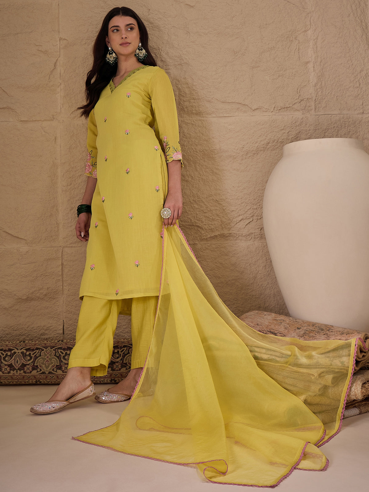 Yellow Embroidered Kurta Pant Set with Organza Dupatta for Women