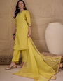 Yellow Embroidered Kurta Pant Set with Organza Dupatta for Women